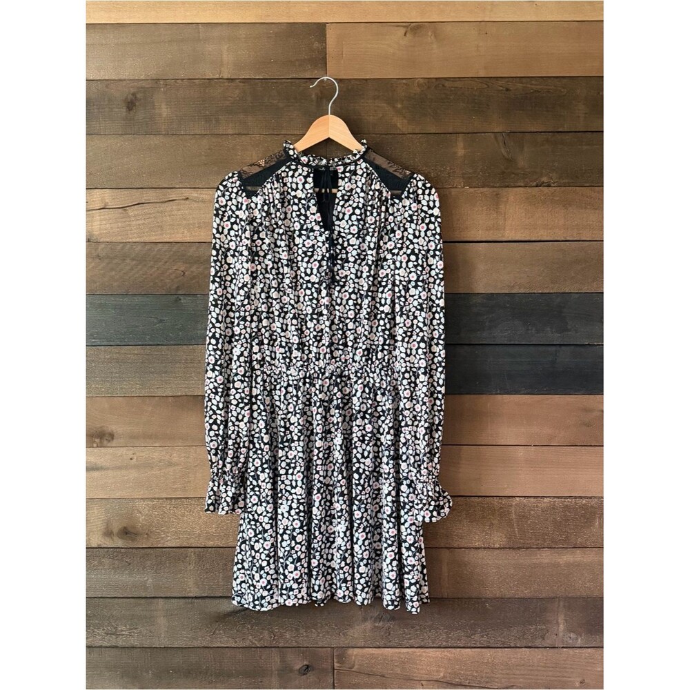 Express Floral Lace Yoke Long Sleeve Mini Dress Black Pink Size XS